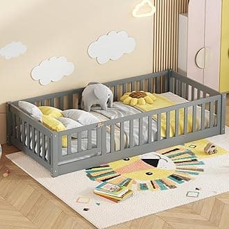Twin Size Floor Bed Frame with Door and Fence,Kids Montessori Floor Bed with Slats and Safety Guardrails,Solid Wood Twin Size Floor Bed Frame for Girls Boys,Gray