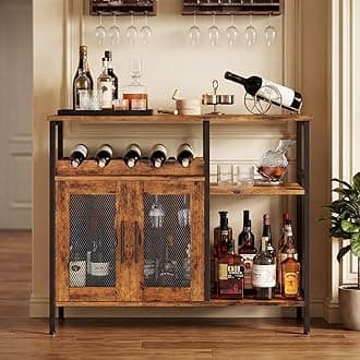 X-cosrack Wine Bar Rack Cabinet with Detachable Wine Rack, Coffee Bar Cabinet with Glass Holder, Small Sideboard and Buffet Cabinet with Mesh Door, Rustic Brown, Large