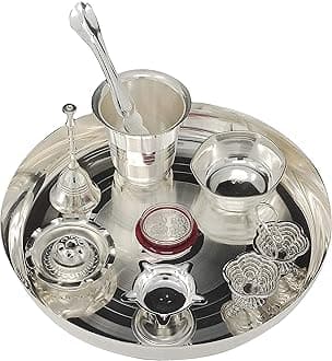 Pooja thali Set Silver Plated with 8 Inch Plate Diya Glass Bowl Ghanti Agarbatti Stand Palli Kumkum Stand Coin Puja Thali for Diwali Home Mandir Office Wedding Return Gift Items