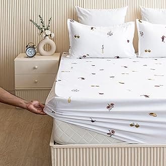 HOMEMONDE 100% Cotton Fitted Bed Sheet for Super King Size Bed, Cartoon Printed All Around Elastic Bedsheet (84 x 78 Inch) with 2 Pillow Cover | 210 TC Soft, Breathable, Luxury Bedsheet (Multicolor)