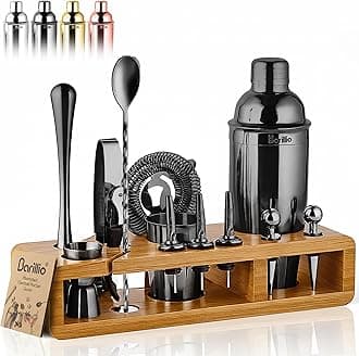 - Barillio Black Bartender Kit - Stainless-Steel Cocktail Shaker Set w/Bamboo Stand - Mixology Bar Tools w/Drink Shaker, Mixer Spoon & Muddler for Cocktails - Home Bar Accessories - 23-Pc Bar Set