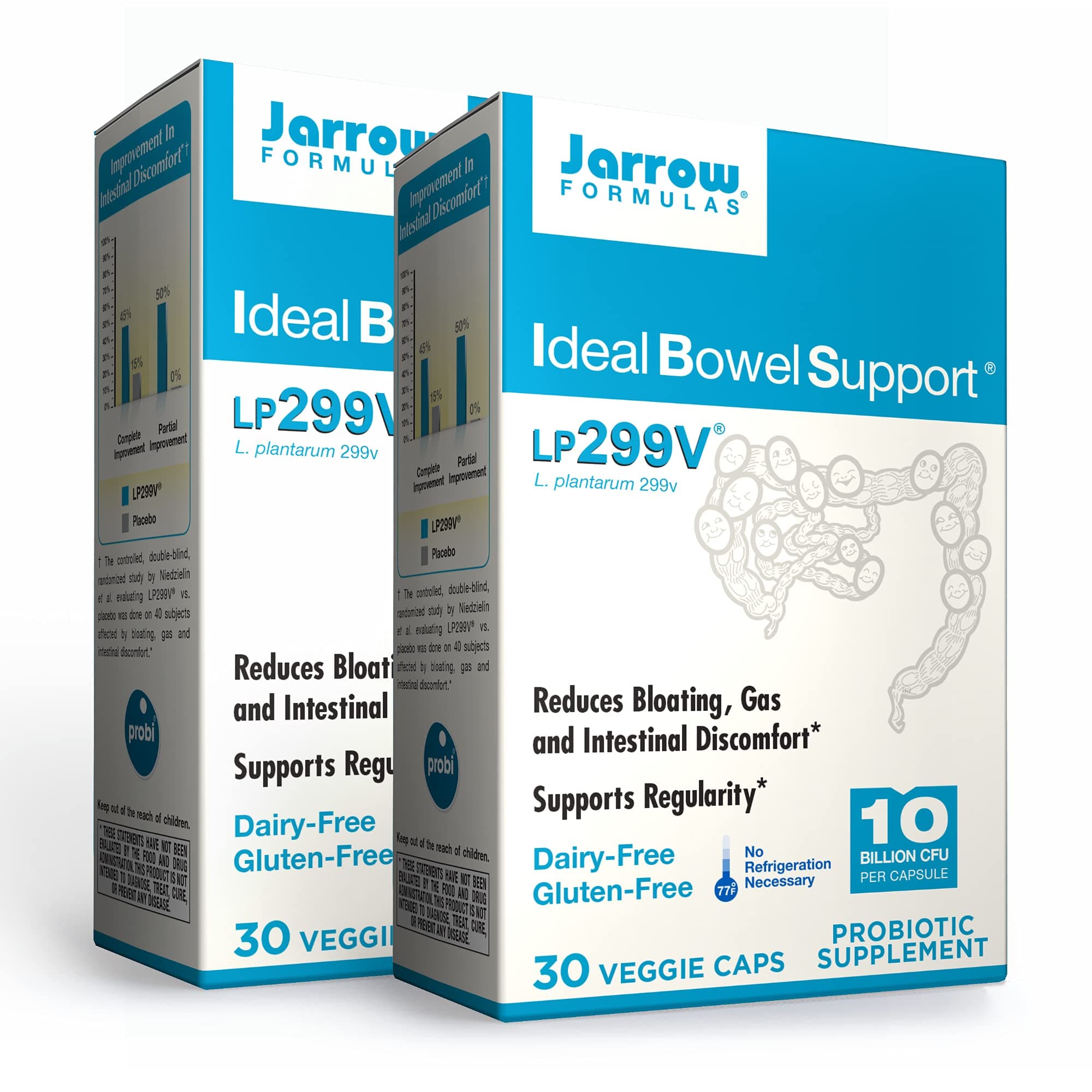 Ideal Bowel Support - 10 Billion Organisms Per Serving - 30 Veggie Caps, Pack of 2 - Bowel Support - Reduces Bloating?, Gas & Intestinal Discomfort - Up to 60 Total Servings