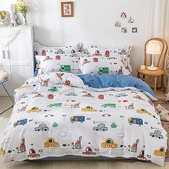 DJY Kids Car Duvet Cover Set Full Size, 100% Cotton Cars Bus Print Bedding Set for Boys Girls, 3 Pieces Soft Breathable Reversible Comforter Cover Set (1 Duvet Cover+2 Pillowcases)