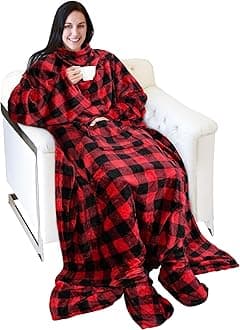 Catalonia Wearable Fleece Blanket with Sleeves and Foot Pockets for Adult Women Men, Micro Plush Comfy Wrap Sleeved Throw Blanket Robe Large, Red Checker Plaid