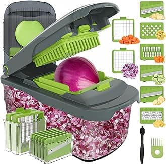 - Food Chopper Manual Hand with Container, Mandolin Vegetable Slicer Onion Dicer with 8 Blades, Veggie Shredder for Potato, Tomato, Essential Kitchen Gadgets (8 in 1, Gray)