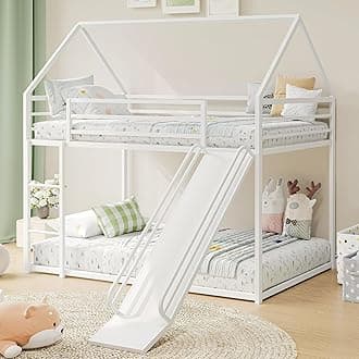 Metal Bunk Bed with Convertible Slide & House Roof Design - Twin-Over-Twin Low Frame | Full Guardrail, Montessori Style (White)