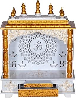 Wooden Pooja Mandir, Wall Mounted Temple, Indian Mandir for Home, Pooja Ghar for Home in USA (Large, Golden-White)