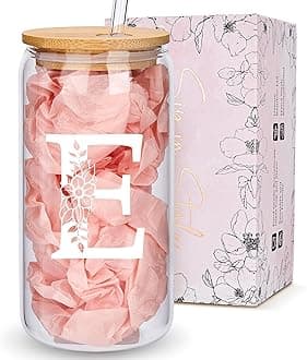 Personalized Gifts for Women, Monogrammed Glass Cups with Lids and Straws, Custom Tumbler, Cute Customized Mug, Aesthetic Stuff, Initial Iced Coffee Cup, Drinking Glasses, Birthday Teacher Gifts, E