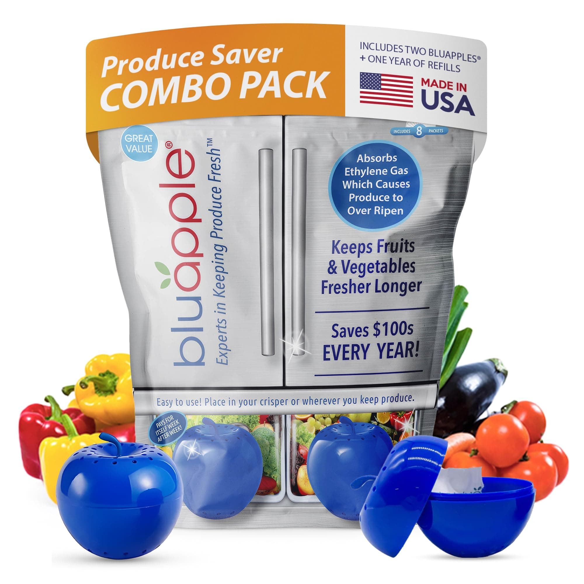 Bluapple Produce Saver Ethylene Gas Absorber - Fresh Fruit & Vegetable Storage for Refrigerator, Each Packet Lasts 3 Months, Produce Storage, BPA Free - Combo Pack (8 Packets & 2 Bluapples for 1 Year)
