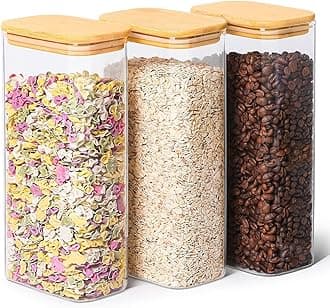 2 Qt Rectangle Glass Storage Containers with Lids, Glass Jars with Bamboo Lids, Clear Food Jar, Square Canister Set of 3, Pantry Organizers and Storage for Flour Pasta Coffee Bean