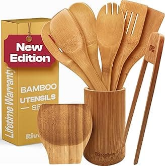 RiveiraDark Bamboo Wooden Spoons for Cooking 9-Piece with Holder, Apartment Essentials Wood Spatula Spoon Nonstick Kitchen Utensil Set Premium Quality Housewarming Gifts for Everyday Use
