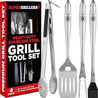 Grill Set Heavy Duty BBQ Accessories - BBQ Gifts Tool Set 4pc Grill Accessories with Spatula, Fork, Brush & BBQ Tongs - Grilling Cooking Gifts for Men Dad Durable, Stainless Steel