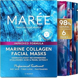 MAREE Collagen Facial Mask with Hyaluronic Acid — Sheet Face Mask Skincare — Centella Asiatica, Green & Red Algae Extract — Hydrating Facemask For Women Skin Care — Mascarillas Para La Cara — 6 Count