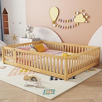 Bellemave Queen Size Floor Bed Frame with Slats and Safety Guardrail, Wood Queen Size Montessori Floor Bed with Door and Fence, Easy Assemble Montessori Beds for Kids, Girls, Boys, Natural