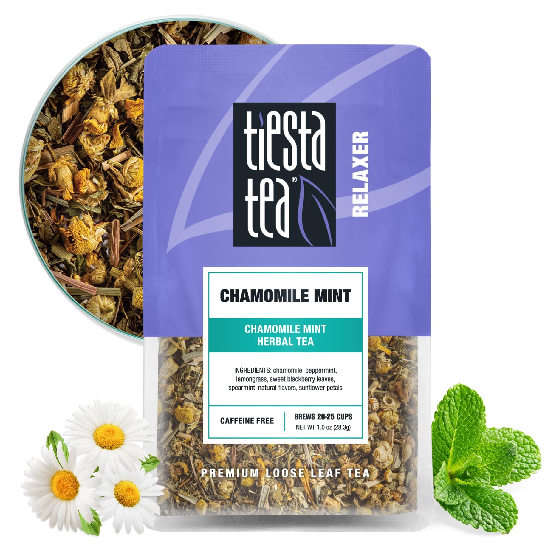 Chamomile Mint, Loose Leaf, Chamomile Mint Herbal Tea, Premium Blend, Caffeine-Free Herbal Drink, Makes Hot or Iced & Up to 25 Cups, 1oz Resealable Pouch