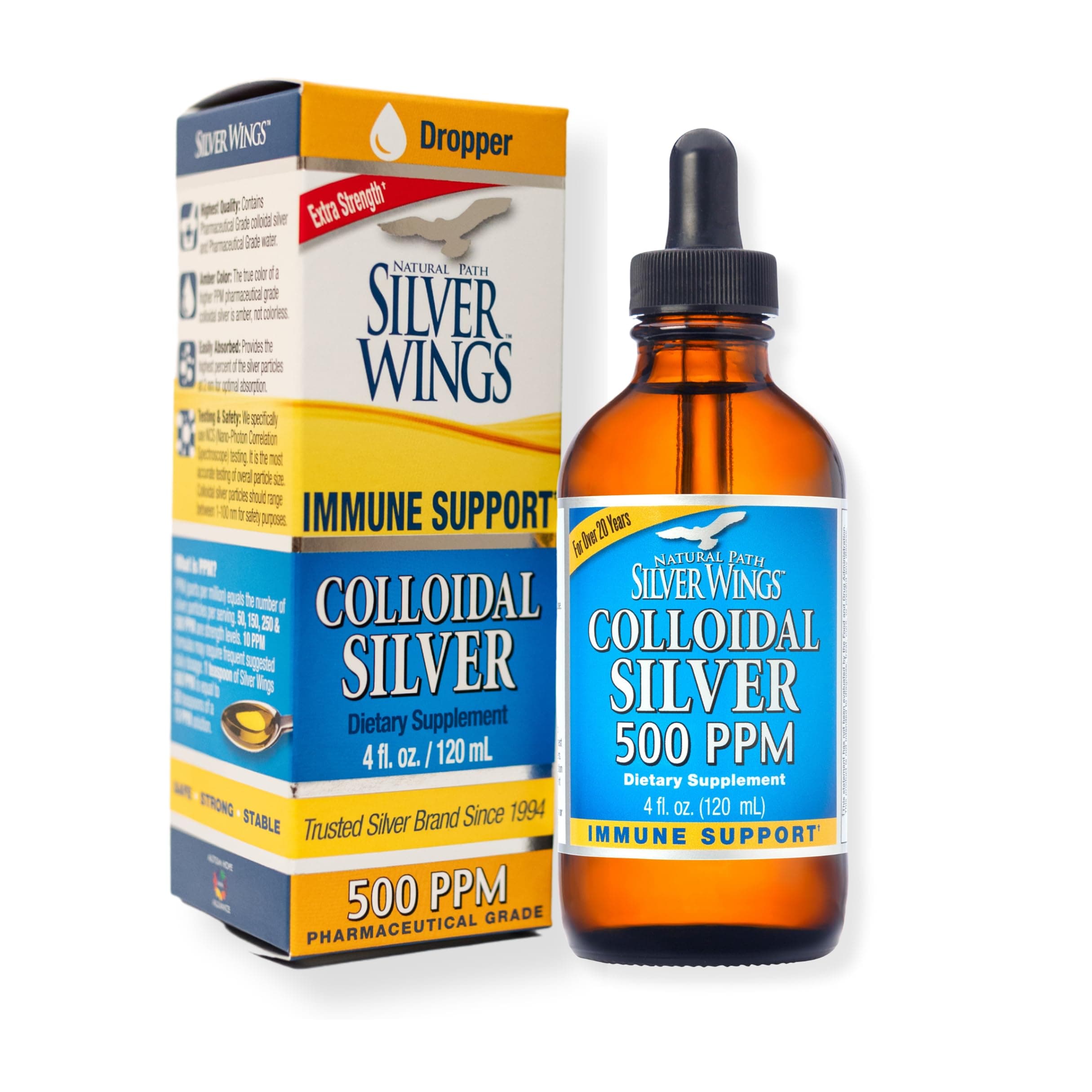 Natural Path Silver Wings Colloidal Silver 500ppm (2,500mcg) Immune Support Supplement 4 fl. oz. dropper