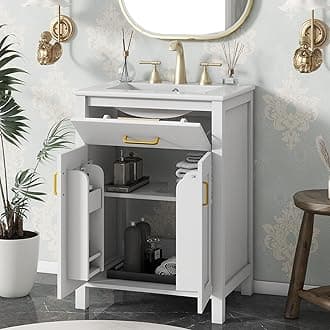 LUMISOL 24" Bathroom Vanity with Sink, Solid Wood Bathroom Cabinet with Tip-Out Drawer, Storage Racks, Soft-Close Door & Adjustable Shelves, Ceramic Sink, White