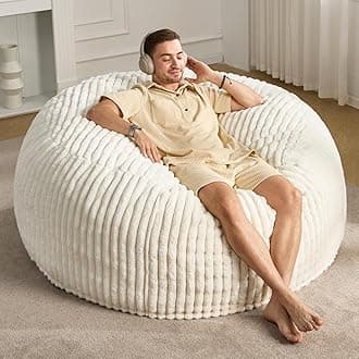 5ft Bean Bag Chairs for Adults Large Beanbag Chair with Dutch Corded Plush Cover Big Bean Bag Chair for Living Room Bedroom Dorm Office - White (50” x 50” x 24”)
