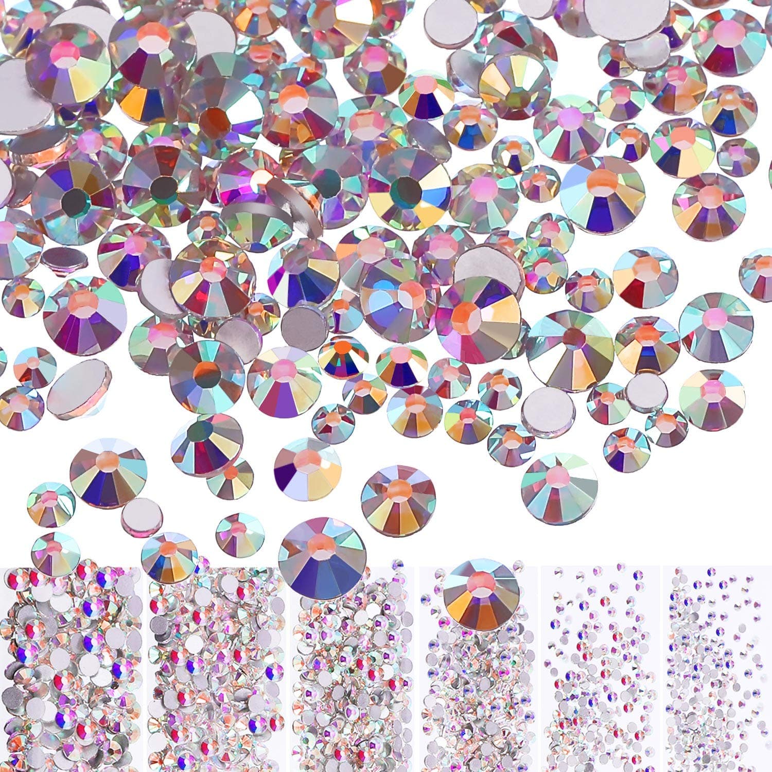 Bememo 3456 Pcs Crystals Diamond Rhinestones AB Clear Flat Back Round Gems Flatback Glass Mixed Size Crystals Gems for Crafts Clothes Shoes Makeup Bags Decor, 6 Sizes(Iridescent)
