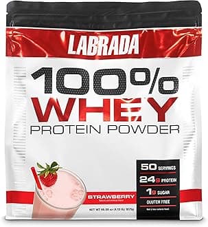 Labrada Nutrition 100% Whey Protein (Strawberry, 4.13 lbs/1875 g, 50 servings) 24g Protein, 1 g Sugar, No Trans-fat, High in Glutamine & Gluten Free