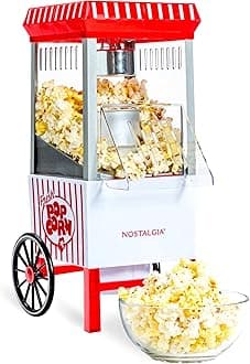 Nostalgia Popcorn Maker, 12 Cups Hot Air Popcorn Machine with Measuring Cap, Oil Free, Vintage Movie Theater Style, White and Red