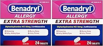 Benadryl Extra Strength Antihistamine Allergy Relief Medicine, 50 mg Diphenhydramine HCl Tablets for Relief of Allergy Symptoms Due to Hay Fever or Other Upper Respiratory Allergies, 24 ct (Pack of 2)