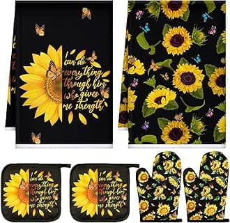Bencailor 6 Pcs Spring Kitchen Decor Sunflower Pot Holders and Oven Mitts Sets Yellow Kitchen Towel 2 Farmhouse Cooking Mittens for Cooking Grilling Supply Accessories(Black,Sunflower)