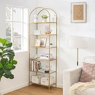 Bookshelf Arched Display Racks,Metal Bookcase,Tempered Glass Shelves,Storage Rack Shelf for Home Office,Living Room,Bedroom, Bathroom,Modern Style (Golden, 11.8" D x 23.6" W x 73.6" H)