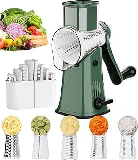 Ourokhome Rotary Cheese Grater Shredder, Multifunction 5 in 1 Kitchen Manual Speed Round Mandolin Food Slicer Vegetable Shooter Potato Hashbrown Grinder for Nut, Carrot, Radish, Cucumber, Green