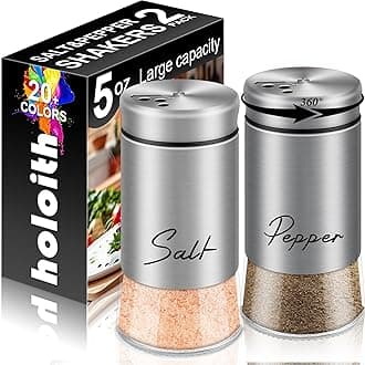 Stainless Steel Salt and Pepper Shakers Set,5 oz Salt Shaker with Adjustable Pour Holes, Modern Pepper Shaker for Kitchen Metal Gadgets with Glass Bottom (Silver)