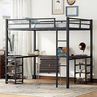 Loft Bed Full Size, Metal Loft Bed Frame with Desk and Storage Shelves, Heavy-Duty Kids Loft Beds with Ladder & L-Shape Desk for Boys Girls Teens, Black