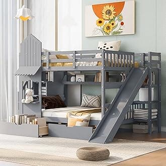 SOFTSEA Wooden Bunk Bed Full Over Full with Slide and Staircase Modern Bunk Beds with Storage Drawers, Grey