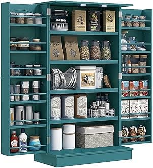 HOMCOM 41" Kitchen Pantry Storage Cabinet, Freestanding Kitchen Cabinet with 12 Door Shelves, Double Doors, 5-Tier Shelving and Adjustable Shelves, Blue