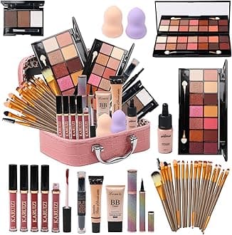 MTDXILTAI All In One Makeup Kit: 2x14 Eyeshadow Palette, Lip Gloss, Foundation, Mascara, Eyeliner, Contour Stick, Eyebrow Pencils, 20 Makeup Brushes - Pink