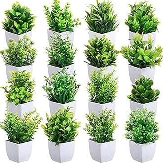 Dekorly Artificial Potted Plants, Artificial Plastic Eucalyptus Plants Small Indoor Potted Houseplants, Small Faux Plants for Home Decor Bathroom Office Farmhouse (Set 0F 16)