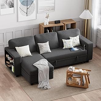 Furmax 80″ Sleeper Sofa Couch with Pull Out Bed L Shaped Sleeper Sofa with Storage Chaise, USB Charging Ports & 2 Built-in Bookshelves 3-Seat Sectional couches for Living Room (Fabric, Grey)