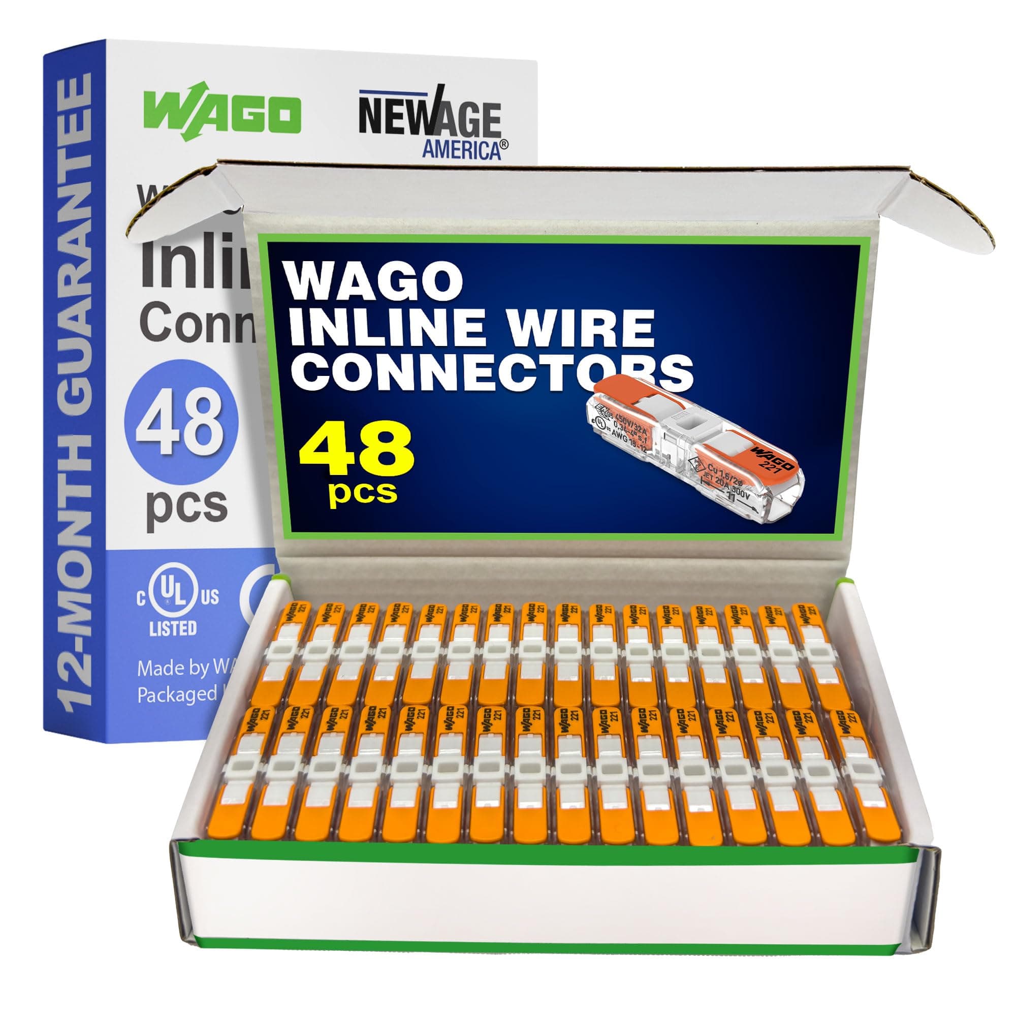 WAGO 221-2401 48pc Inline Compact Splicing Wire Connectors | Includes 48pc 221-2401 (2 Conductor) | WAGO Wire Connectors | 221 Straight Inline Splice | Straight Electrical Lever Nuts | (2-Port)