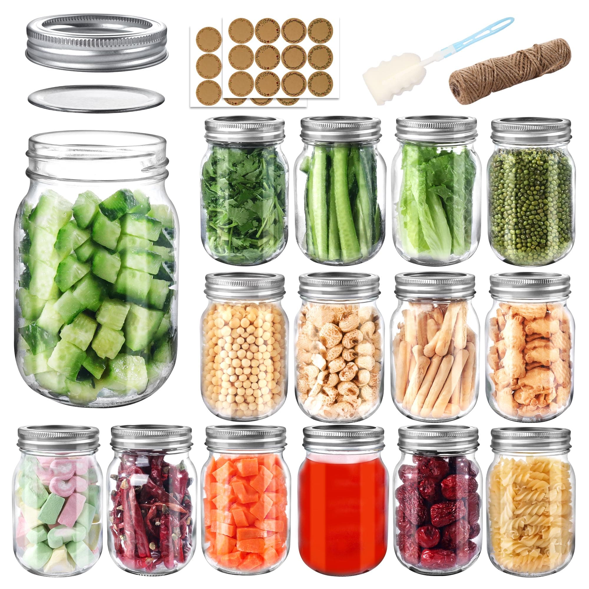 Mason Jars 16 oz with Airtight Lids and Bands, 15 Pack Regular Mouth Canning Jars, Clear Glass Pint Jars for Canning, Pickling, Food Storage, DIY Projects, 24 Labels, Brush & String Included