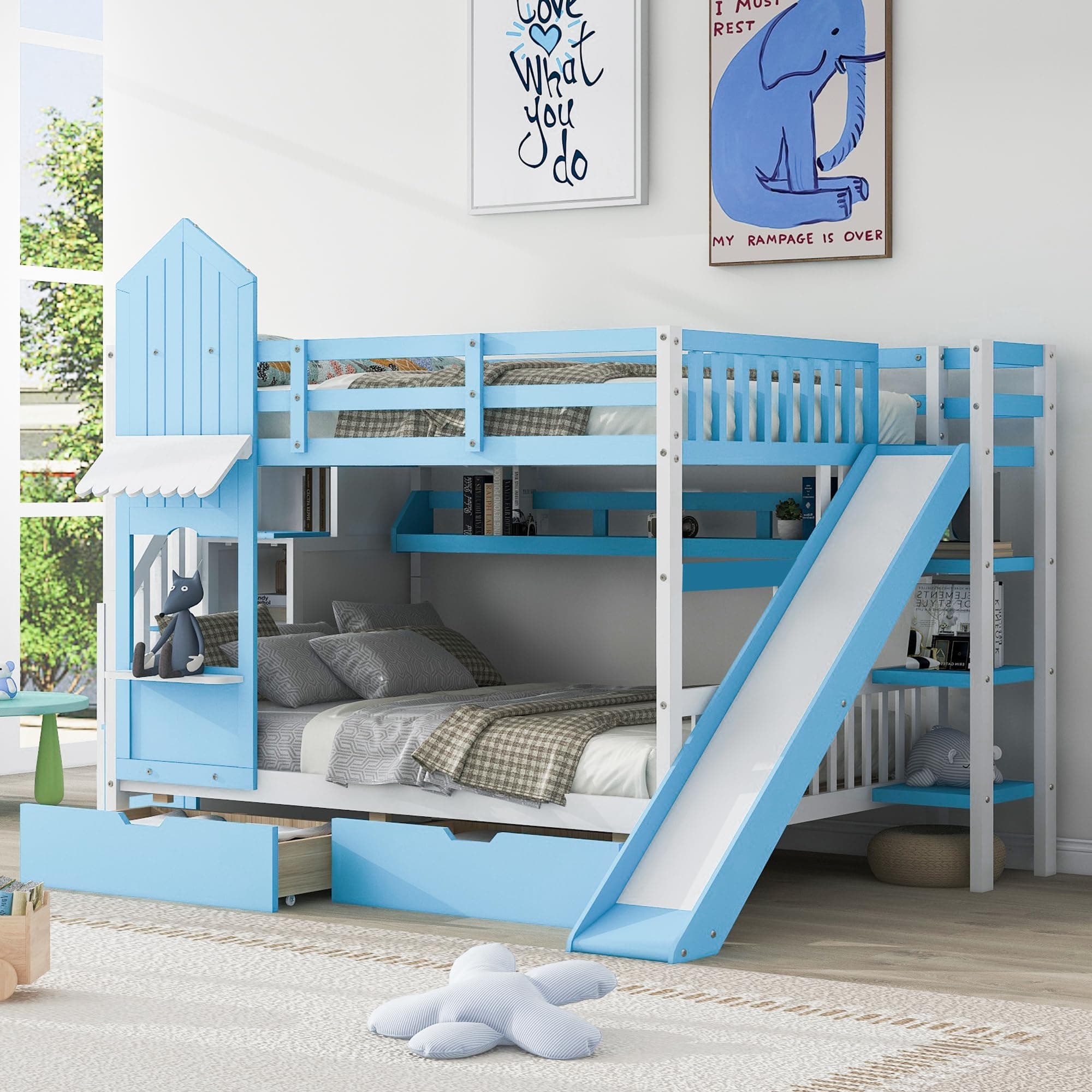 Full-Over-Full Castle Style Bunk Bed with 2 Drawers and 3 Shelves, Wooden Bed Frame with Safety Guardrail and Storage Staircase, House Bed with Slide (Blue-066)