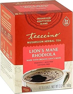 Teeccino Caffeine-Free Mushroom Adaptogenic Herbal Tea - Lion’s Mane Rhodiola Tea - Rose, 3x More Herbs than Regular Teas, Lightly Sweet from Dates & Figs, Chicory Prebiotic - 10 Tea Bags