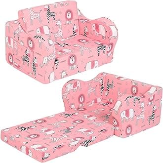 Kids Sofa, 2-in-1 Flip-Out Foam Couch, Foldable Soft Play Lounge Chair, Pink