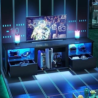 Bestier70" Gaming Entertainment Center with Drawers, LED TV Stand for 75 Inch TV, TV Entertainment Stand for Living Room with Storage and Glass Shelves (Black 3D Carbon Fiber)