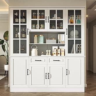 MU Kitchen Storage Cabinet with Glass Doors, Large China Hutch with 2 Drawers & 5 Adjustable Shelves, Kitchen Pantry Hutch for Home Office, Living Room, White (15.8" D x 63" W x 70.9H)