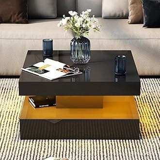 Black Glossy Square Coffee Table for Living Room, Modern Coffee Tables with Storage, LED Light Coffee Table 2-Tier Square Middle Center Table,Contemporary Wood Tea Tables for Dining ﻿