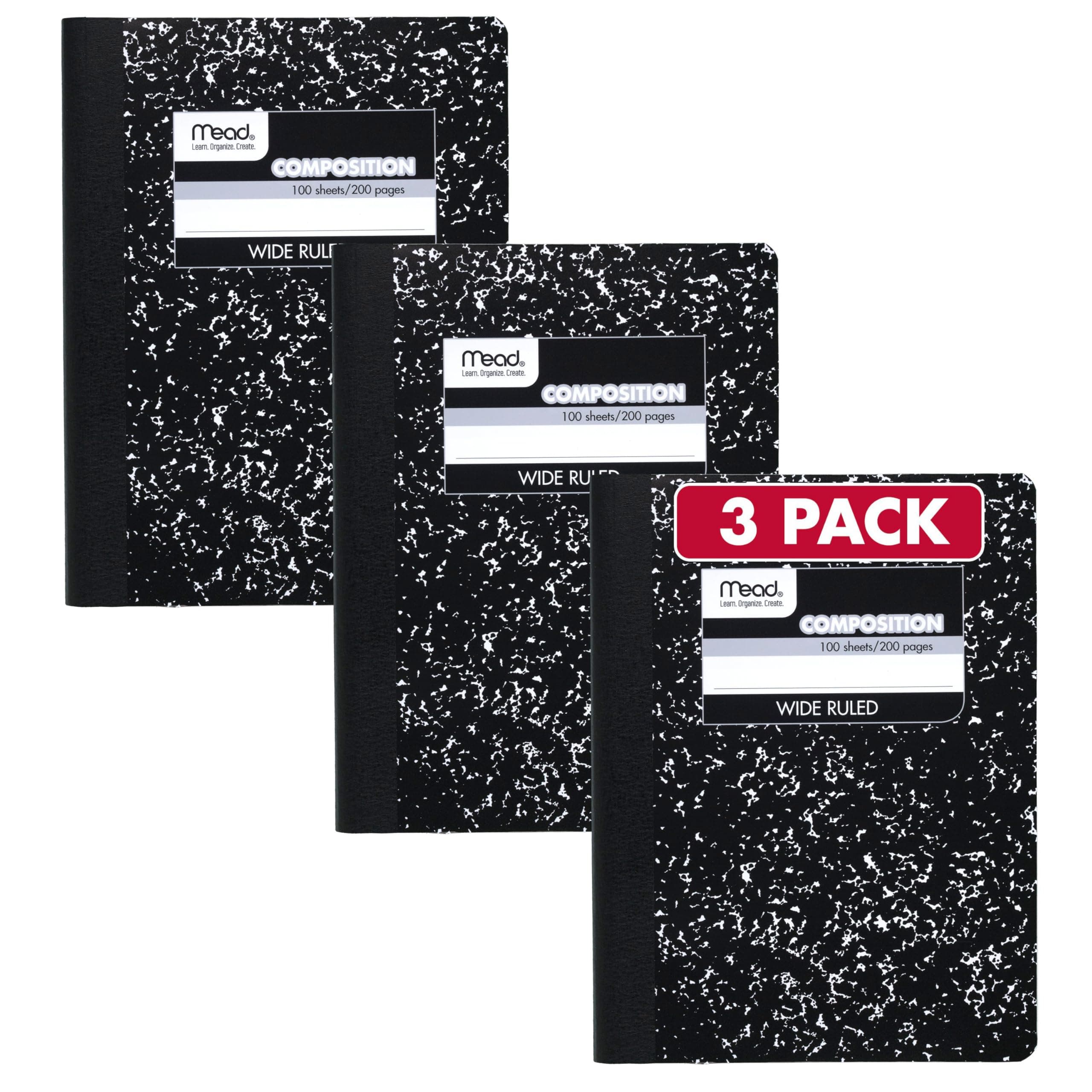 Mead Composition Notebook, 3 Pack, Wide Ruled Paper, 7-1/2" x 9-3/4", 100 Sheets per Comp Book, Black Marble (38301)