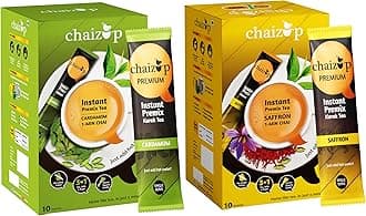 Chaizup Premium 1 Min Instant Assorted Tea Pack - 20 Sachets | Cardamom & Saffron Flavours | 20 Servings | 2 Packs (10 Flavours Each) | 280g