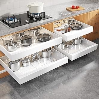 4 Pack Expandable Width (15.15"-26.3") Pull Out Cabinet Organizer 21" Deep with Raising Pad for Framed Cabinets, Upgrade 3 Slide Rails Slide Out Drawers, Roll Out Shelves Adhesive, White