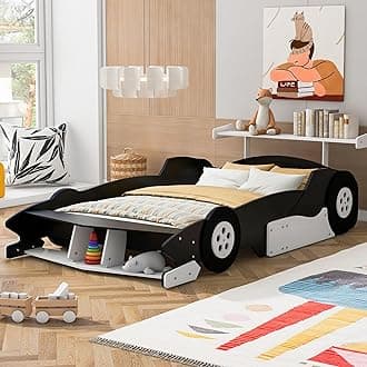 Full Size Race Car Bed for Boys,Cool Car Bed Frame with Storage Shelves,Car Shaped Kids Bed Full Size,Car Bed Full with Wheels for Kids,Girls,Black