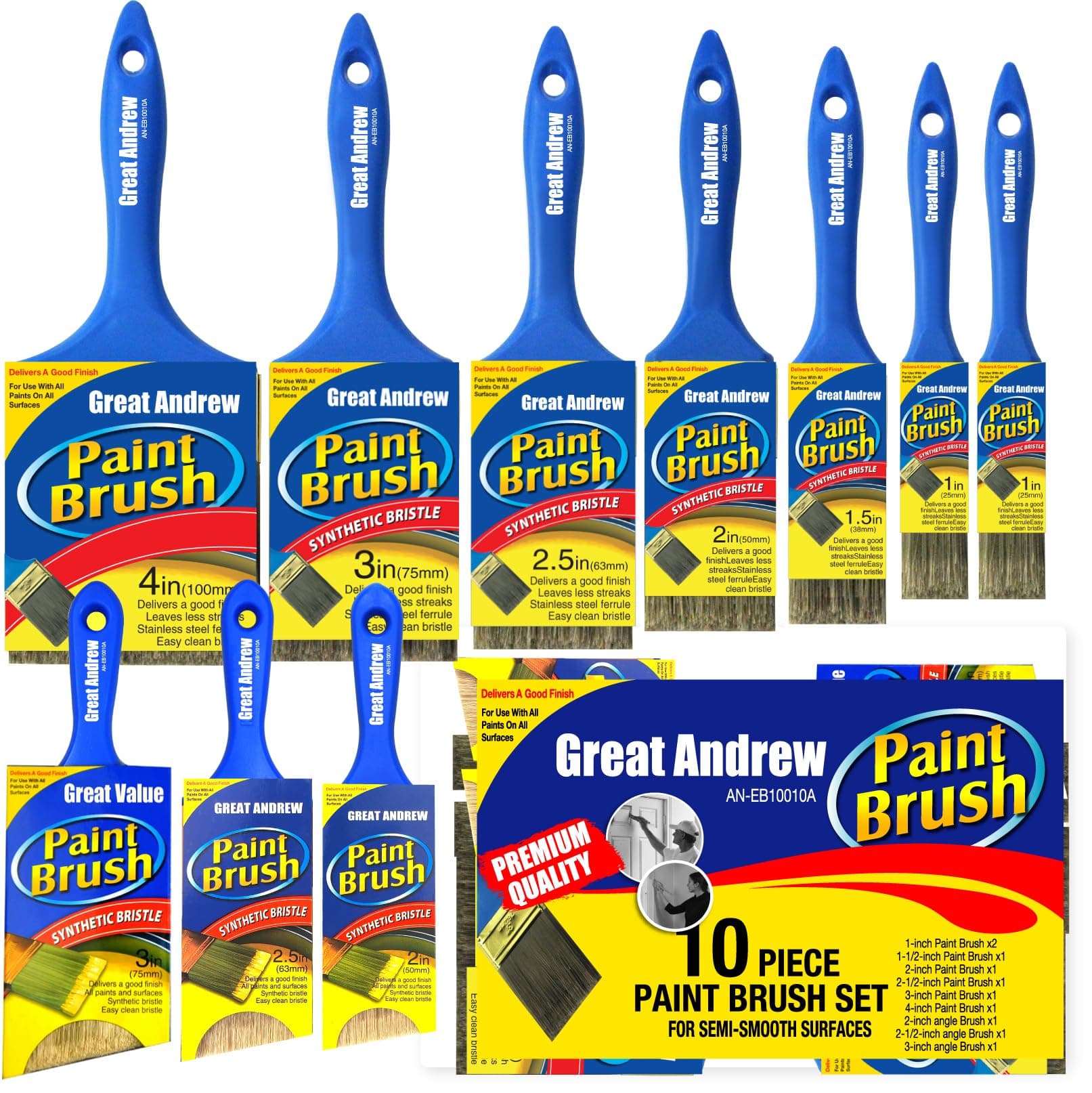 10 Pack Professional Paint Brushes (4" 3" 2" 2.5" 1.5" 1" Flat & Angle) Painters Paint Brush Set, Paint Brushes for Walls, Painting Brushes Bulk, House Painting Tool Set Kit