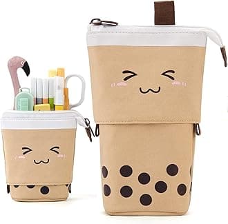 ANGOOBABY Cute Pencil Case Standing Pen Holder Telescopic Makeup Pouch Pop Up Cosmetics Bag with Kawaii Smile Face Stationery case Office Organizer Box for Girls/Boys Students Women Adult (Brown)